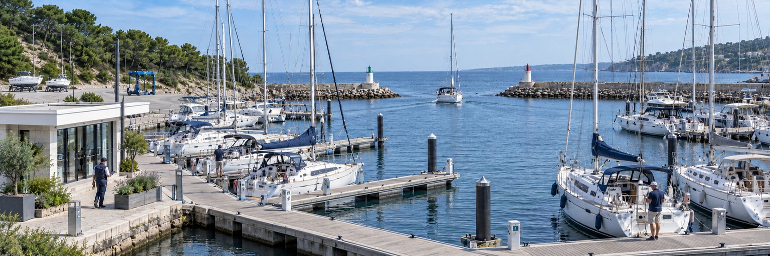 Vue réaliste d’un port de plaisance : capitainerie et agents à gauche, petite aire technique plane avec deux bateaux sur bers et un accès dégagé en arrière-plan, ponton reliant les deux côtés, bassin ouvert vers la mer et plaisancier à droite.